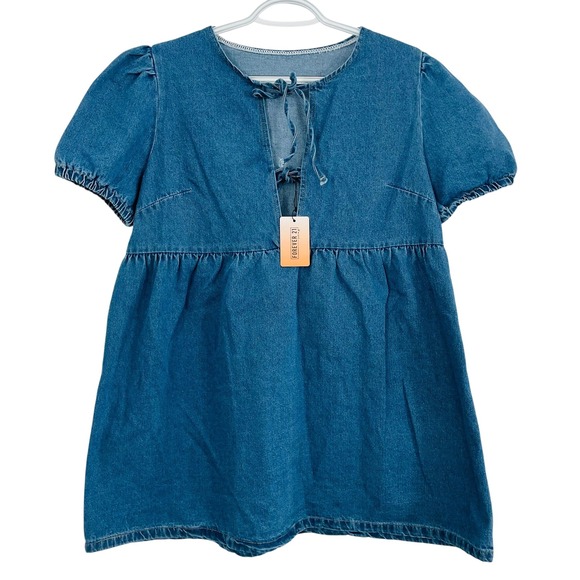 Forever 21 Dresses & Skirts - NWT Forever 21 SHEIN Denim Babydoll Mini Dress Puff Sleeve Tie Front Large Y2K‎